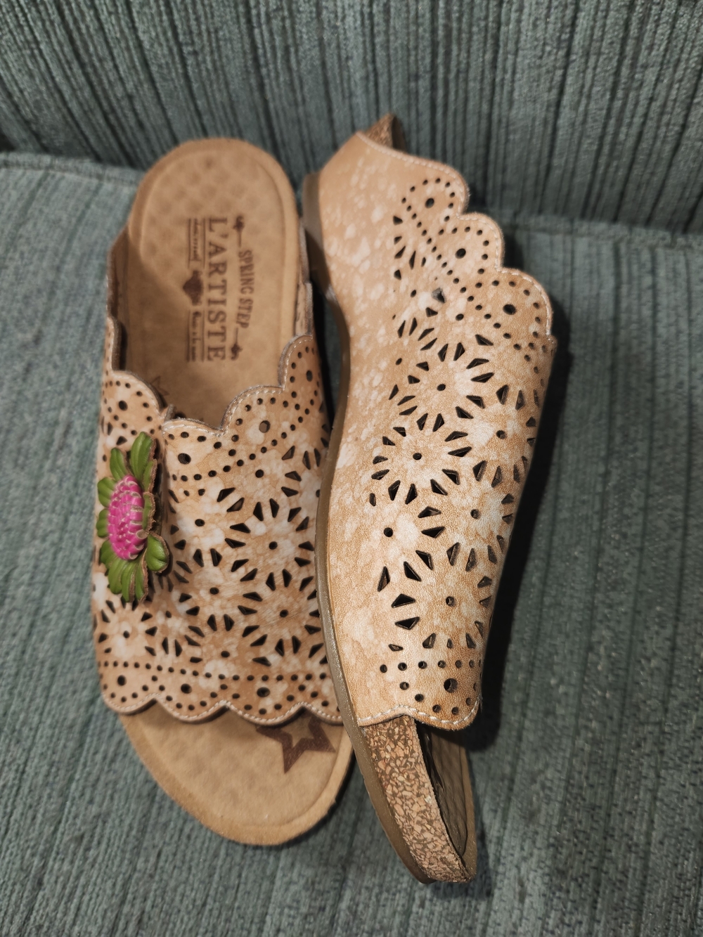 🍉Spring Step Tan Perforated Slide Mules